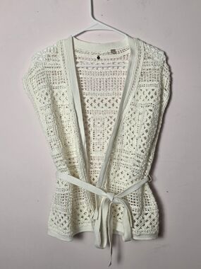 Anthropologie Moth Crochet Open Knit Cardigan Vest Boho Belted Layering Piece M